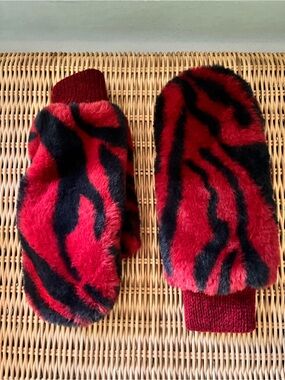 Urban Outfitters Red and Black Faux Fur Mittens